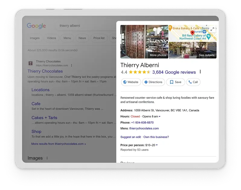 A mockup of a tablet with a Google Business page on the screen